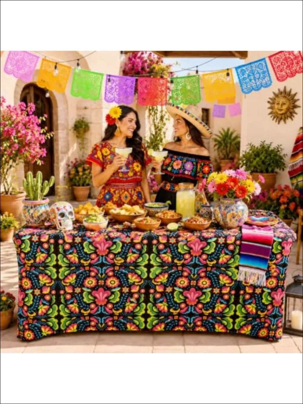 2 Pc Mexico Tablecloth Set 6 FT Stretch Spandex Fiesta Party Decor